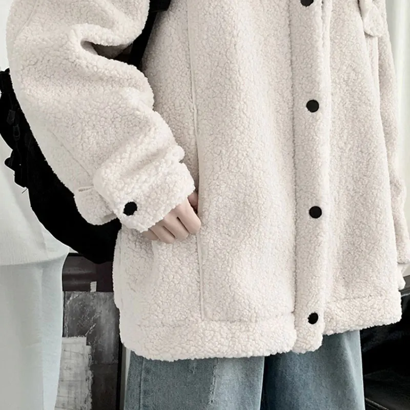 

Men Lambswool Jackets Warm Single Breasted Baggy Winter Thicken Velvet Plush Simple Student Soft Trendy Jacket Male All-match