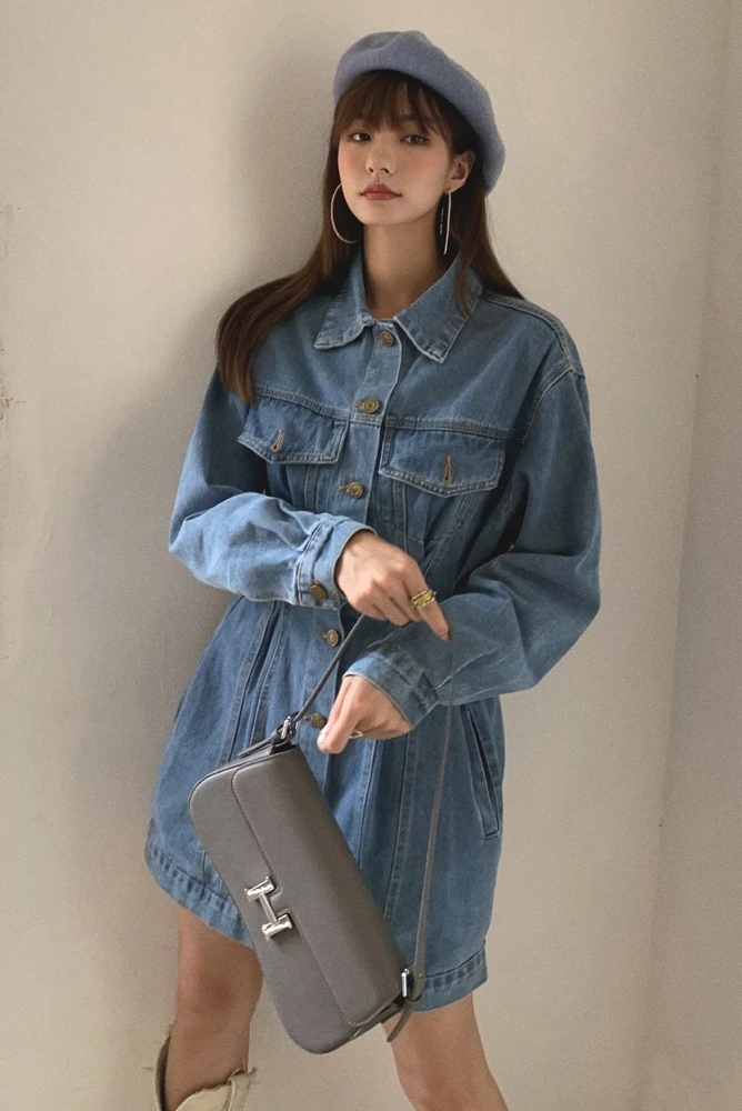 

IEQJ Denim Dress Womens Blue Full Sleeve Lapel Collar Patchwork Slim A-line Designed 2021 New Spring Autumn Fashion Tide XA139