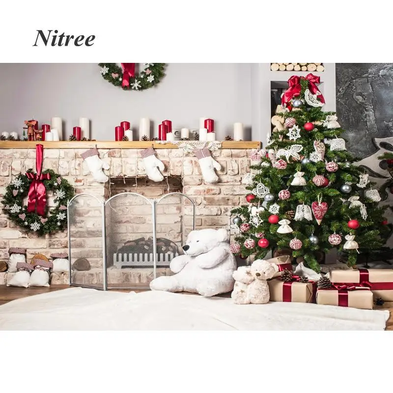 

Christmas Fireplace Photography Backdrop Indoor Tree Gifts Sockings Party Photo Background For Photo Studio