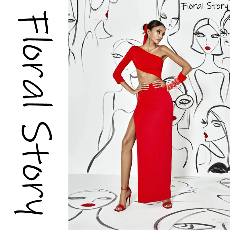 

FLORAL STORY Women Red One Shoulder Cut Out Dress Spring/ Autumn Sexy Solid Slim Split Vestido New Black Backless Bodycon Maxi