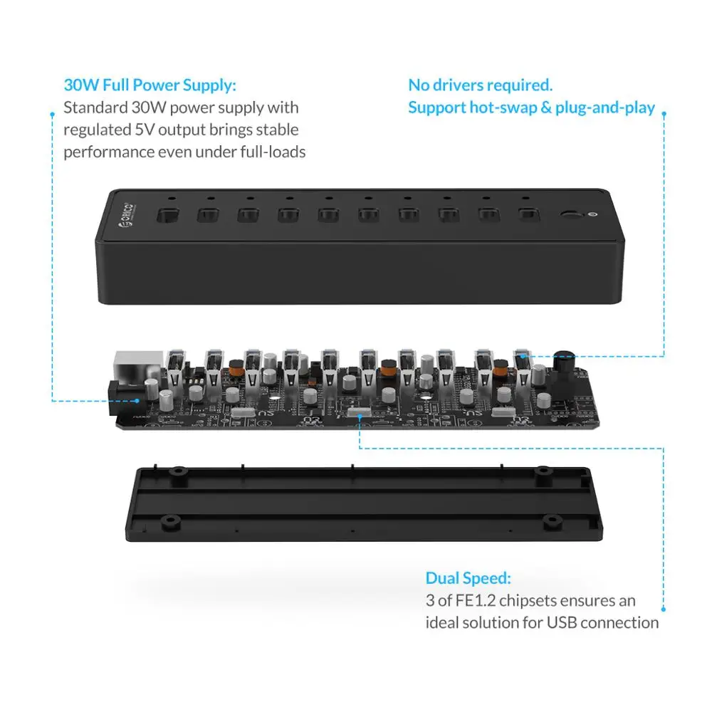 

2022.USB 2,0 HUB 10 Port ABS HUB с адаптером питания 12 В, высокоскоростная USB-флешка для ноутбука, аксессуары для компьютера, кабель 1 м