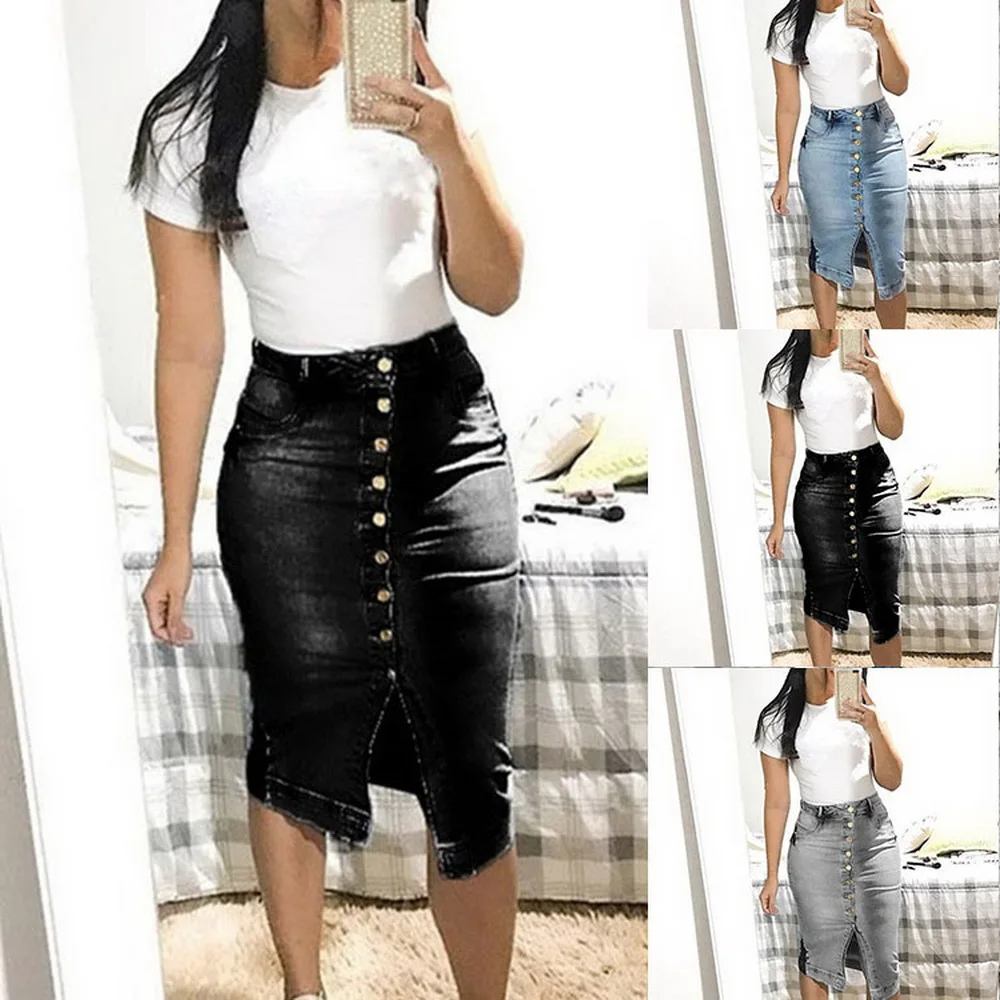 Женская джинсовая юбка с высокой талией и пуговицами спереди облегающая
