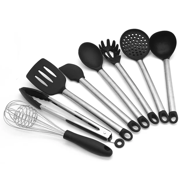 8pcs kitchen set Набор для кухни 8 шт. ручка из нержавеющей стали+ кухонные принадлежности из силикона кухонный набор для дома Инструменты антипригарный шпатель набор приборов Черный и светло-серый - Цвет: 8pcs kitchen set