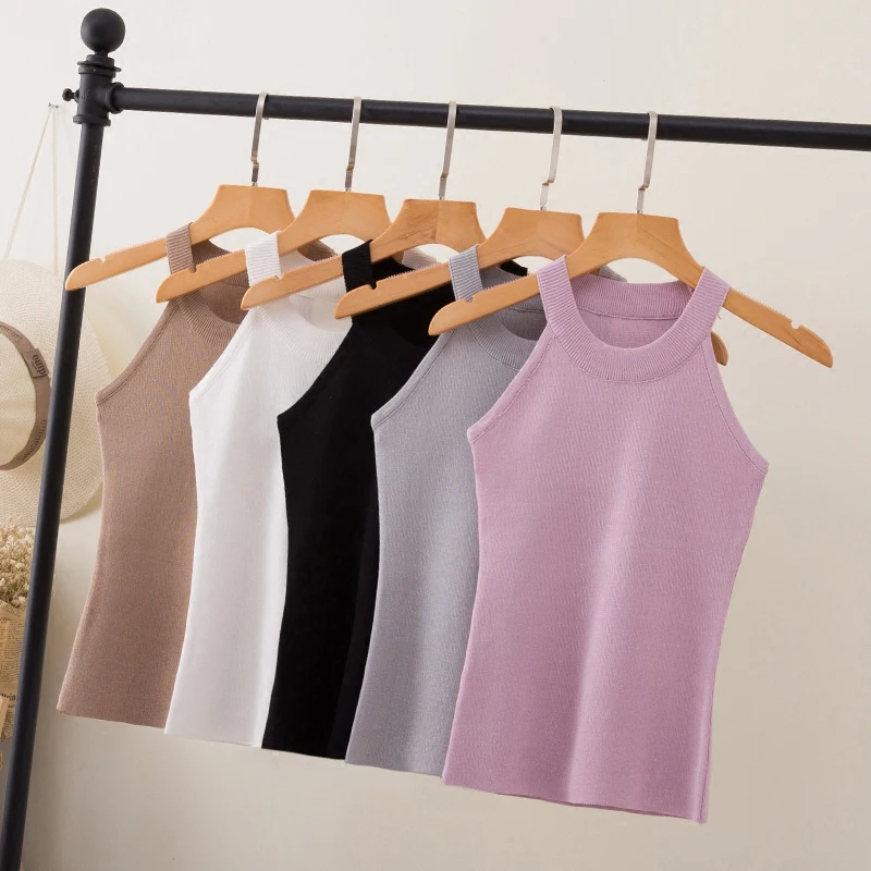 

Summer Women Slim Knitting Halter Camisole Tops Female Bodycon Knitted Tanks Sleeveless Basic Solid T shirts 8017