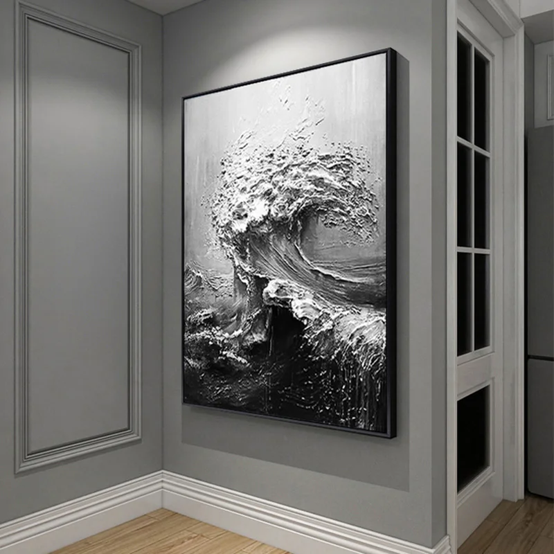 Ручная роспись абстрактная картина маслом черно белая морская волна Толстая
