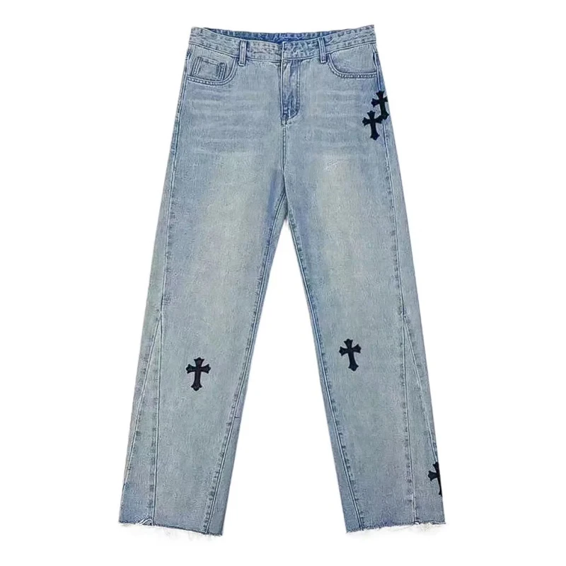 

Джинсы женские/мужские, уличная одежда в стиле Харадзюку, свободные прямые брюки из хлопка, винтажные брюки из денима с вышивкой и потертост...