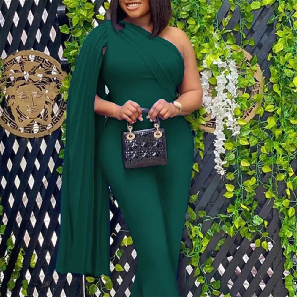

Pleated Cap Sleeve One Shoulder Jumpsuit Women 2021 Wide Leg Pants Rompers Green Plus Size 5XL One Piece Outfit Women Overalls