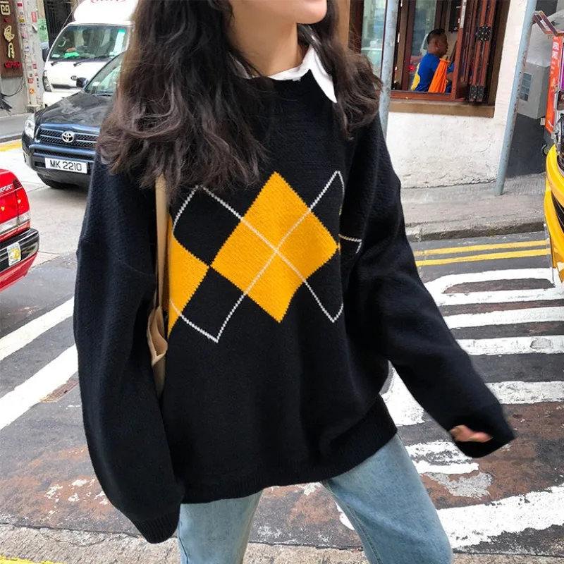 

2021 Winter Japanese Women Sweater lattice Round Neck Thick Sweater Long Sleeve Harajuku Knit Top Loose Casual Pullover