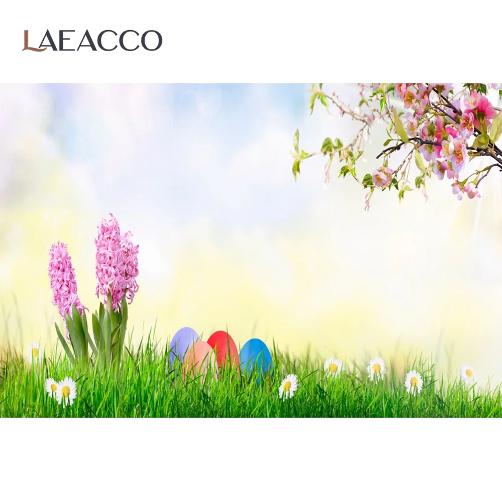 

Laeacco Green Grass Spring Cherry Flowers Happy Easter Sunny Party Scenic Baby Photo Background Photographic Backdrop Photocall