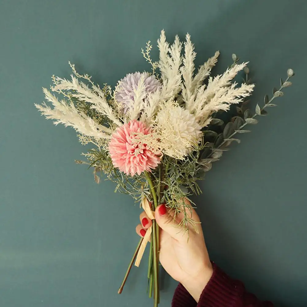 

Artificial Flower Decoration Naturally Fabric Flower Dandelion Plastic Eucalyptus Hybrid Bouquet Fake Flower Home Decoration