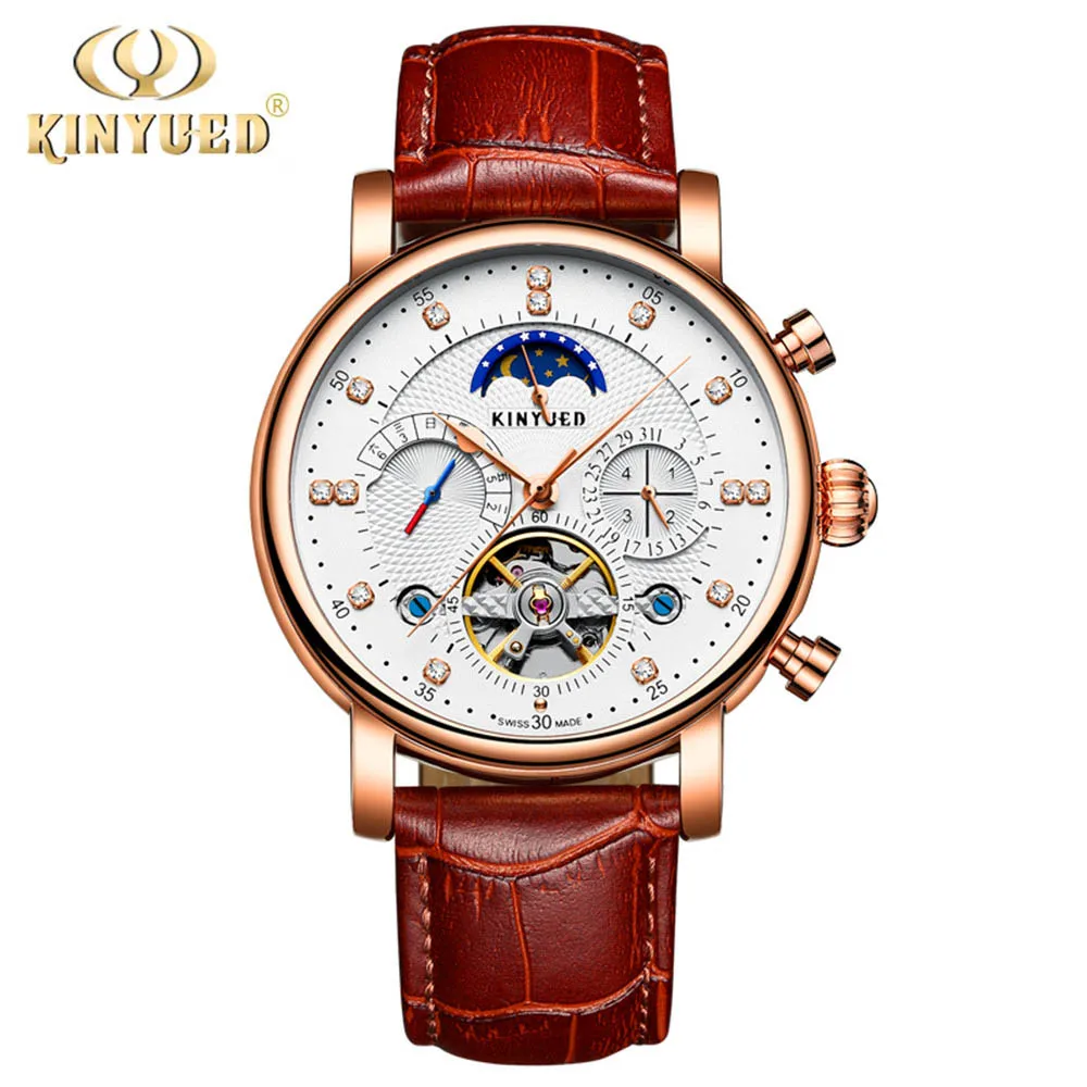 KINYUED Leather Diamond Display Mechanical Watch Mens Watches Top Brand Luxury Automatic Tourbillion Calendar Moon Phase | Наручные часы