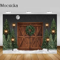 mocsicka winter snow wood door backdrop pine forest snowy moon kid birthday photo background christmas backdrops for photography