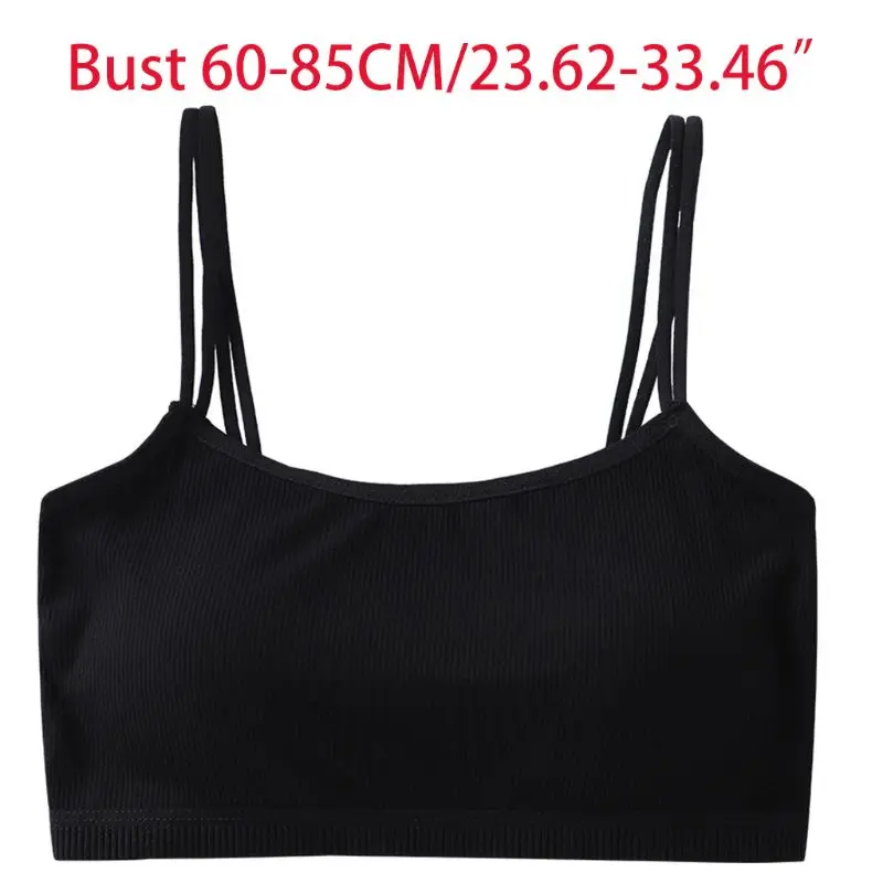 

Puberty Teen Girls Sports Traning Bra Double Strappy Ribbed Striped Solid Color Underwear Wireless Removable Padded Bralette Tub