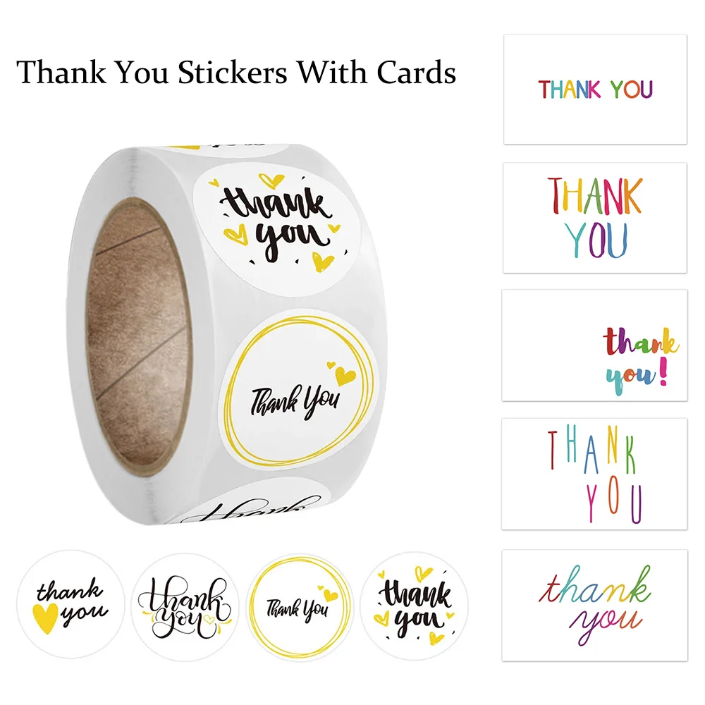 

500pcs thank you sticker with white Cards Colorful Rainbow Font Design for business gift decoration wedding party thank you card