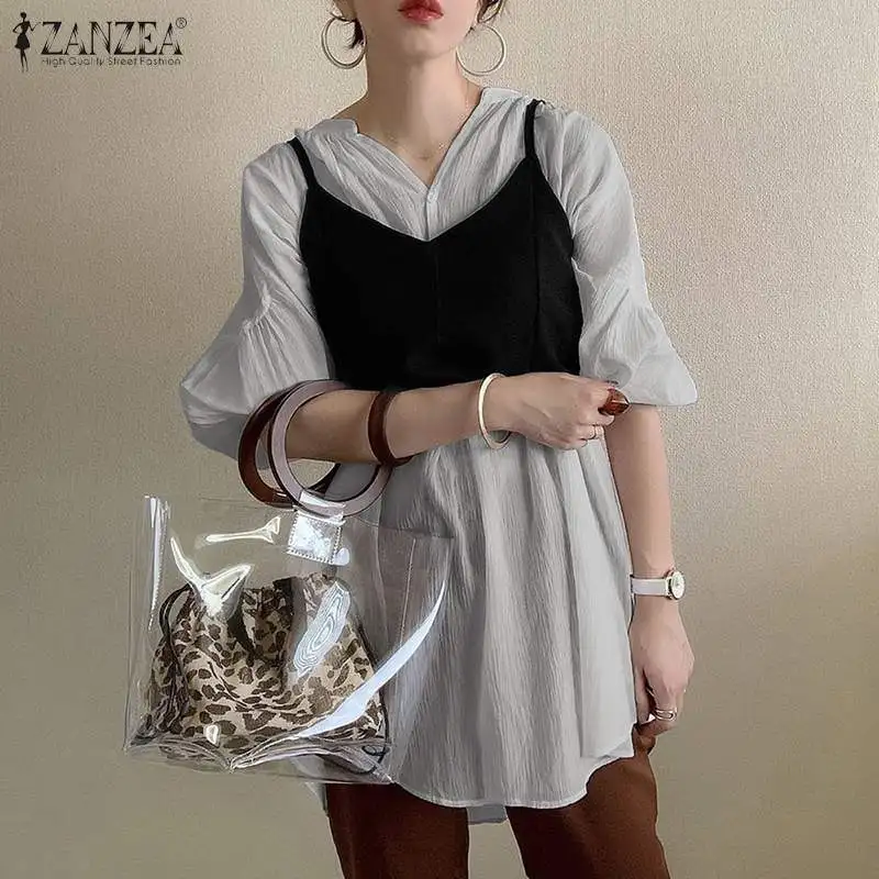 

Корейский женский топ ZANZEA с коротким рукавом, летняя блузка на пуговицах, модные повседневные рабочие блузки, туника на шнуровке, Топы, 2 шт.