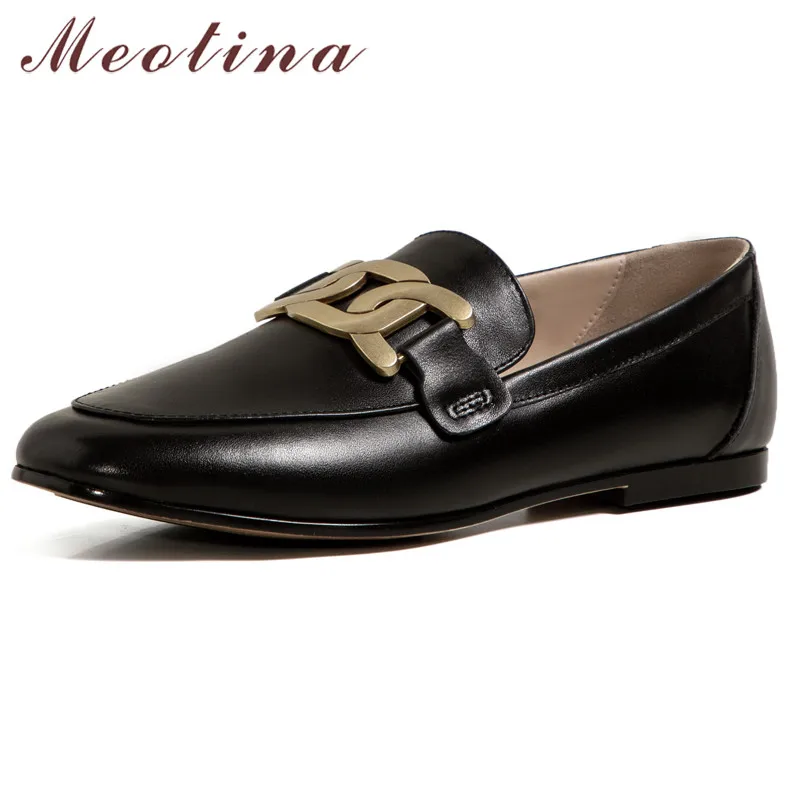 

Женские туфли без застежки Meotina, черные лоферы из натуральной кожи, с круглым носком, с металлическим украшением, на плоской подошве, 2021
