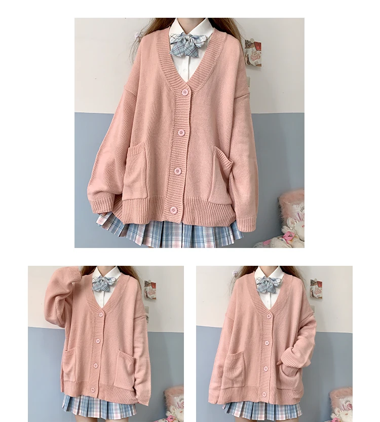 

Japanese Style Spring Autumn V-Neck Cotton Knitted JK Uniform Cardigan Multicolor Cosplay Wear 511930
