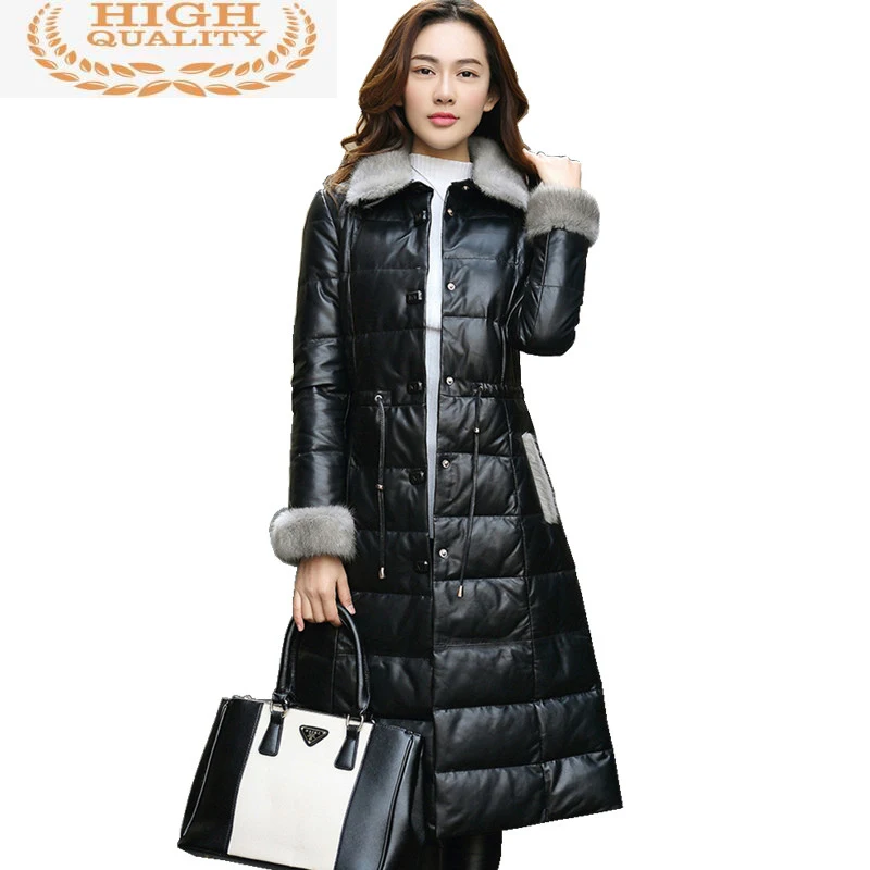 

Натуральная кожа пуховик для женщин 2021 длинные из натуральной овечьей кожи пальто Женская зимняя обувь куртка натуральный норковый воротн...