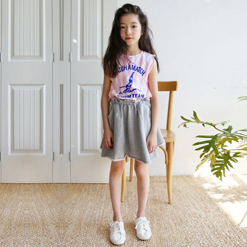 Girls Summer Set Striped Casual Clothing Suit Vest T-shirt + Skirts Children Letter Clothes Family Matching |