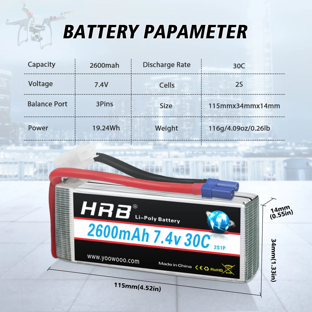 HRB 2S Lipo Аккумулятор 7.4V 2600мАч для дрона 30C с разъемами Deans EC2 EC3 для Hubsan H501S Wltoys V262 V333 RC самолета Quadcopter on.