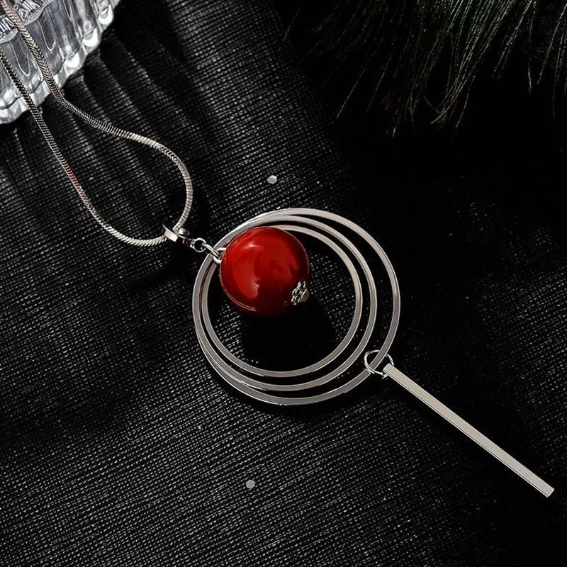 Женское длинное ожерелье Collier Femme винтажная Серебряная цепочка с круглым красным