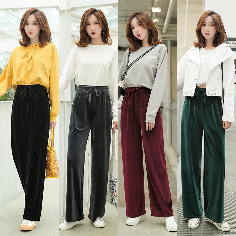 

Fashion Wide Leg Pants For Women 2022 Autumn New Casual Solid Pleuche High Waist Long Loose Trousers Soft Pants Femme Plus Size