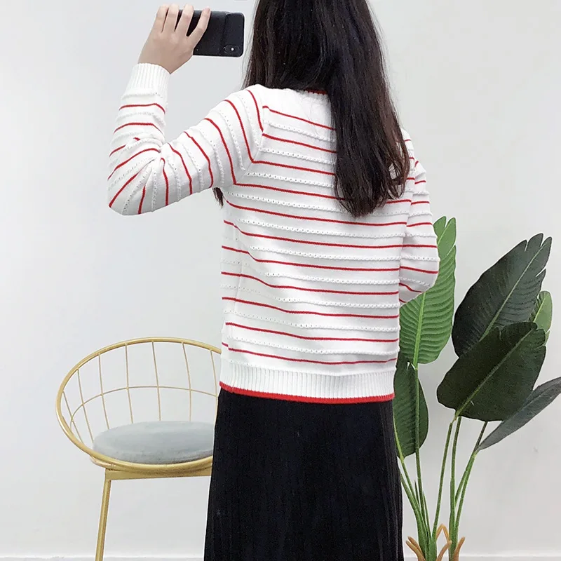 

O-neck Sweaters Women Tops Spring Autumn Striped Pullovers Outerwear Elegant Long Sleeve Knit Sweater T5043