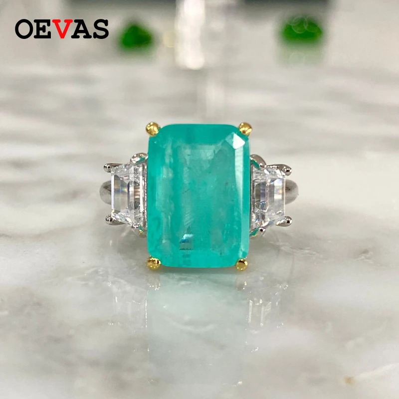 

OEVAS 100% 925 Sterling Silver 10*14MM Synthesis Paraiba Tourmaline Wedding Rings Sparkling High Carbon Diamond Fine Jewelry