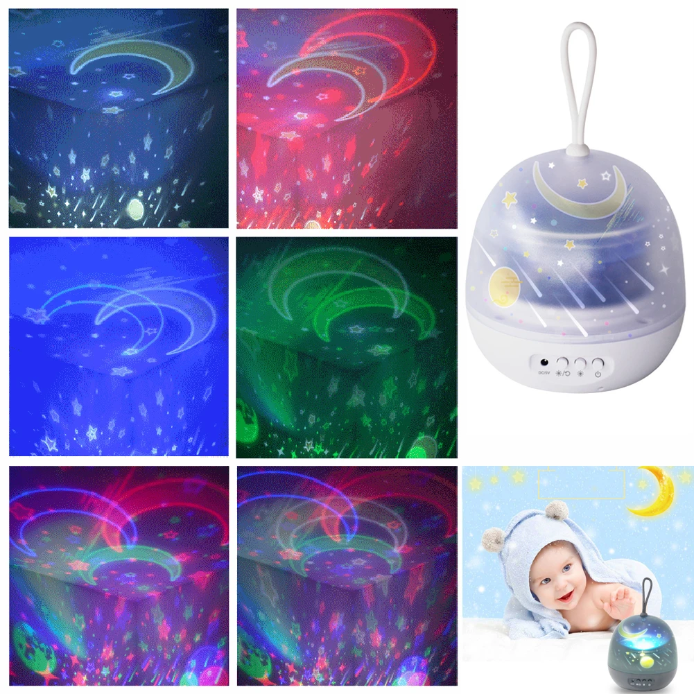 4 в 1 светодиодный Звездный вращающийся Ночной светильник луна звезда волны