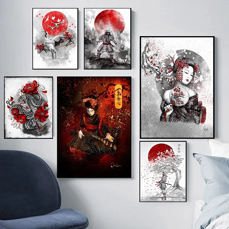 

Japanese Zen Bushido Samurai Ink Canvas Print Geisha Oil Painting Poster and Animal Picture Print Room Wall Decoration Mural