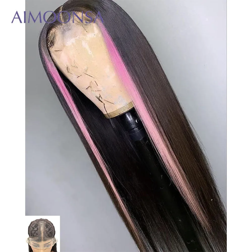 

Transparent Lace Wigs Human Hair Wigs Highlight Wig Human Hair Pre Plucked Pink Colored Wig T Part Lace Wigs 150% Density Remy