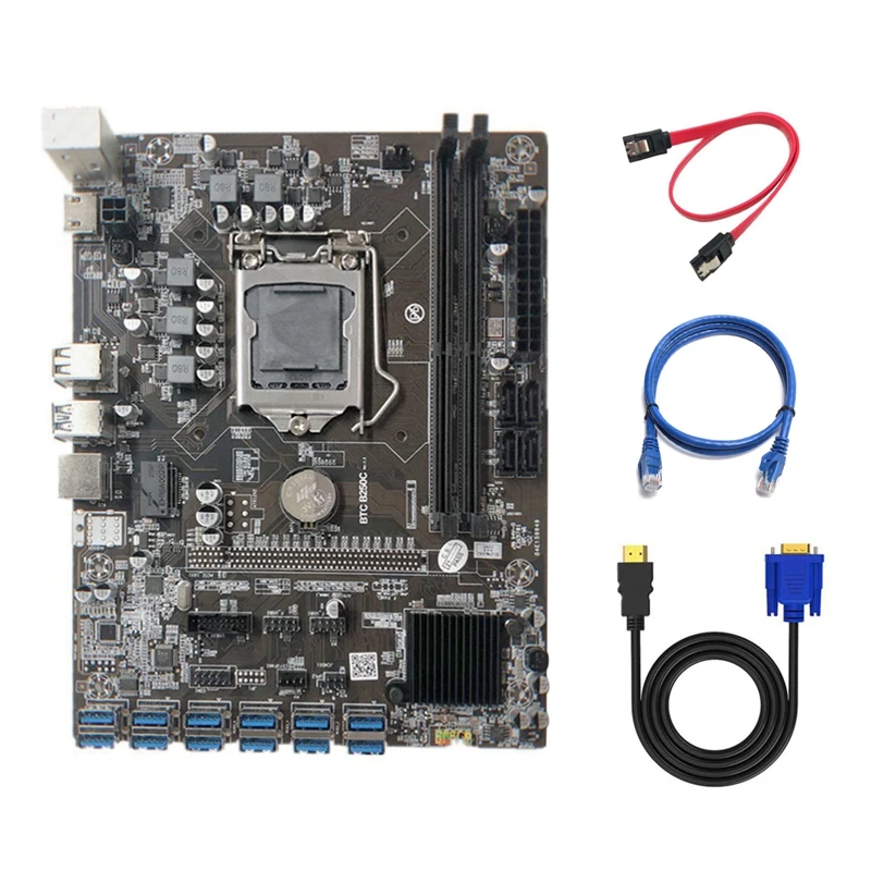 B250C Miner Motherboard with RJ45 Network Cable+HD to VGA Cable+SATA Cable 12 PCIE to USB3.0 GPU Slot LGA1151 for Miner