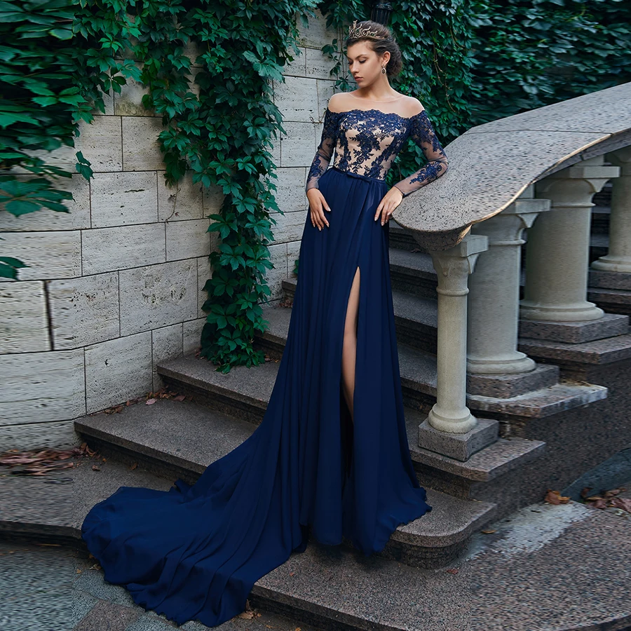 

Сексуальные вечерние платья, Прозрачное платье с круглым вырезом и длинными рукавами, женское кружевное платье с аппликацией и Боковым Раз...