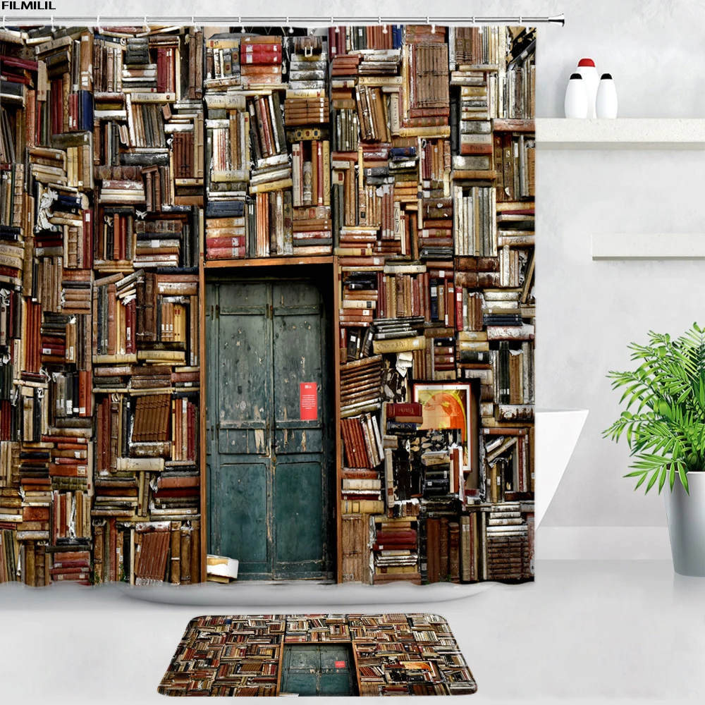 

Vintage Old Window Shower Curtains Bath Mats Set Retro Wooden Door Flower Wall Garden Scenery Decor Bathroom Rug Non-slip Carpet