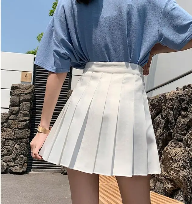 

Button Zipper High Waist Mini Skirt Lady A Line Slim Pleated Skirts Sweet Women Korean Solid White Skirts Summer Japan Clothes