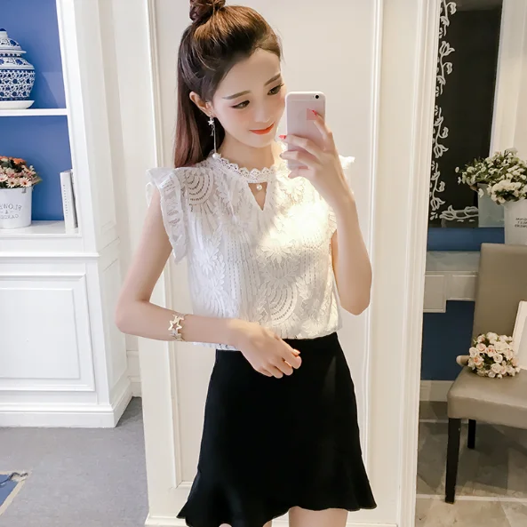 Женская одежда 2020 летние кружевные рубашки с круглым вырезом и цветочным