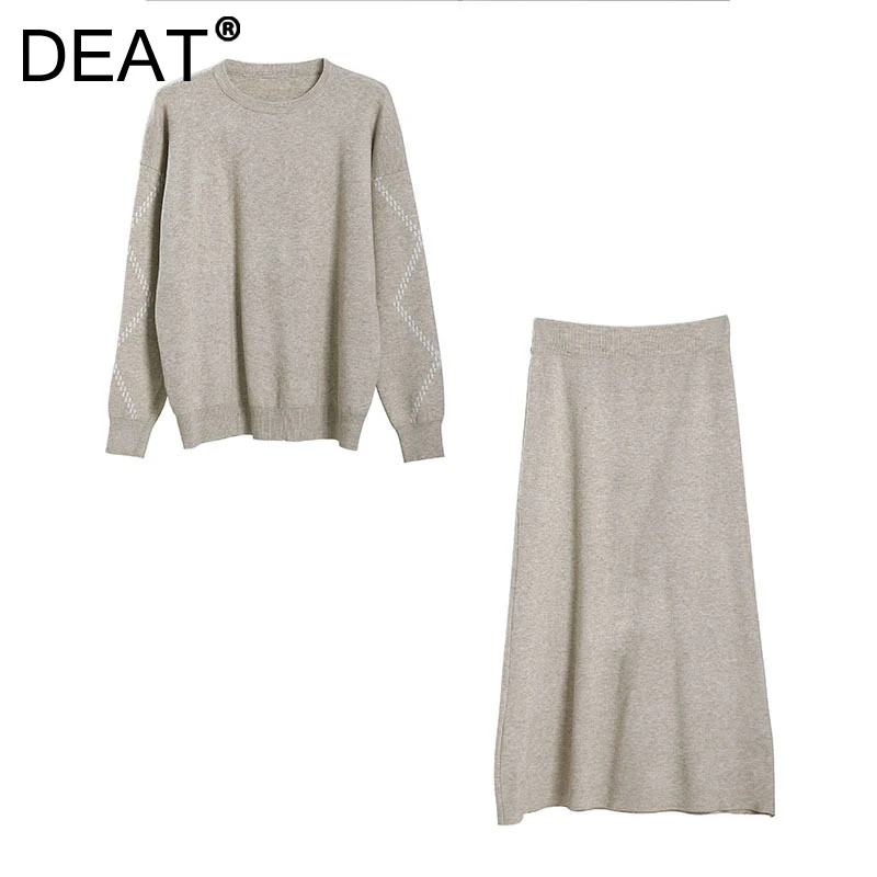 

Женский трикотажный Костюм-двойка DEAT, повседневный простой свитер средней длины с юбкой, модель 7Z606 в Корейском стиле на осень и зиму, 2021