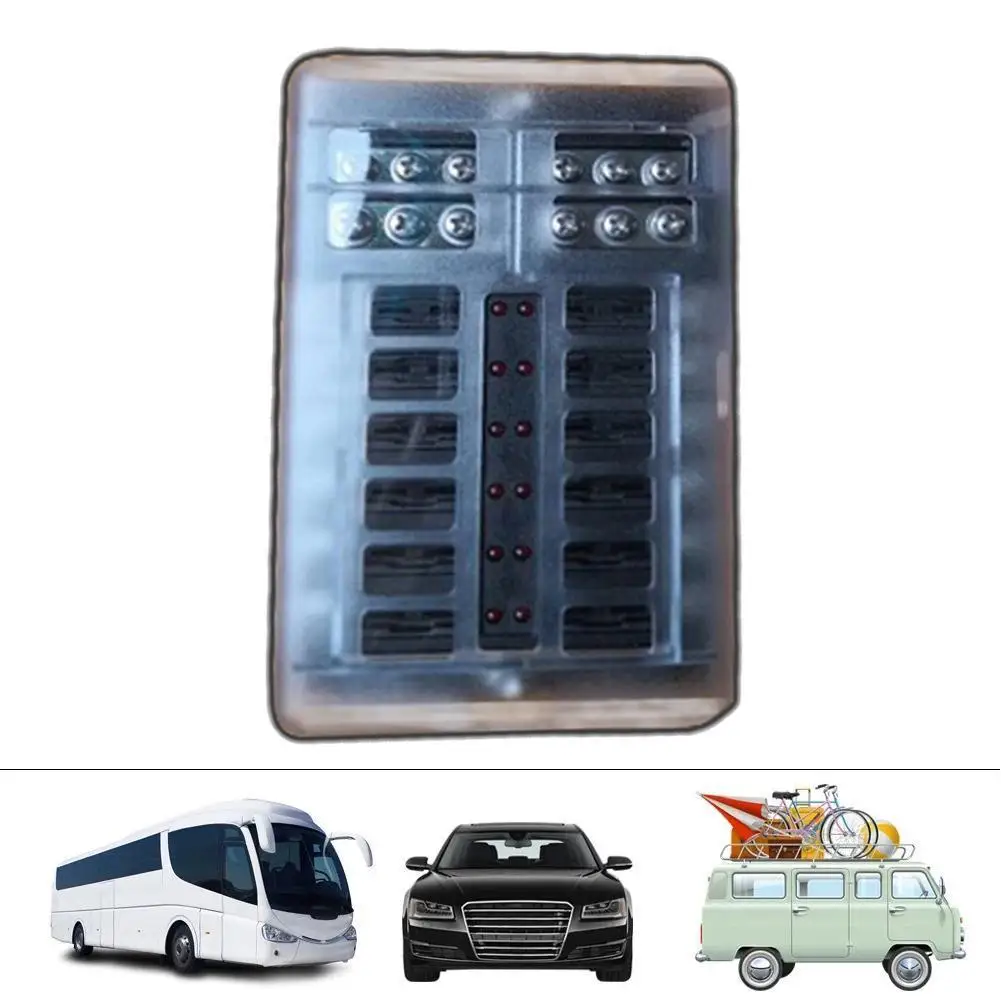 

12-Way Blade Fuse Box Block Holder LED Indicator 12V Auto With Holder Cover Waterproof Screws Fuses Block 32V Marine 32V Pa V2M0