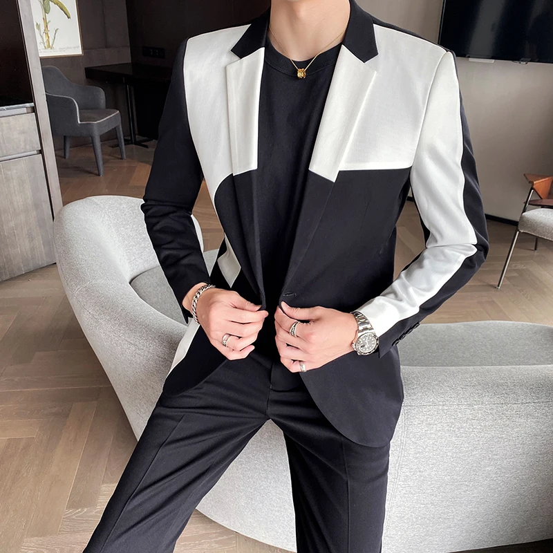 

Korean Stitching Suit 2 Pcs Set for Men Wedding Groom Tuxedos Slim Suit Jacket Pants Men Clothing Terno Masculino Costume Homme