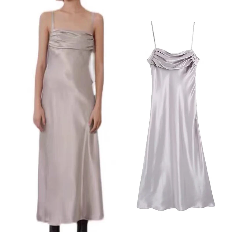 

2021 Summer Women Fashion Silk Satin Texture Folds Suspender Skirt High Street Sleeveless Back Hollow Long Dress BB4509