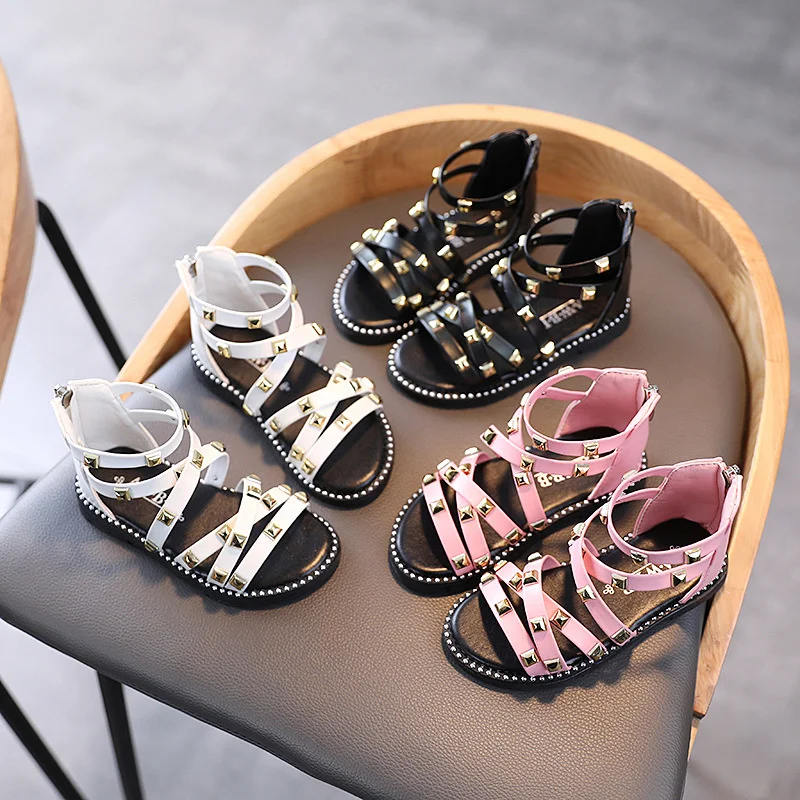 

2021 Summer Shoes Girls Sandals Rivets Sandal Boots Cross-tied Kids Shoes Gladiator Sandals Back Zip Roma Princess Shoes Child