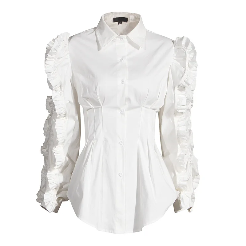 

Women's White Color Bubble Sleeve Tie Waist Blouse For Women