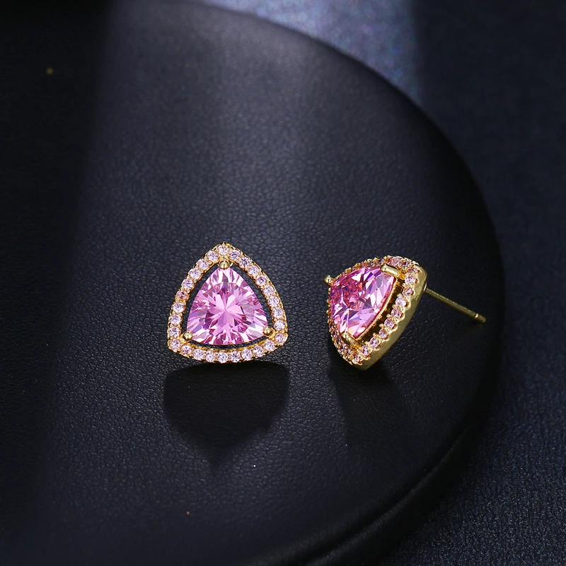 Женские Треугольные Серьги гвоздики с фианитом модные корейские серьги розовыми