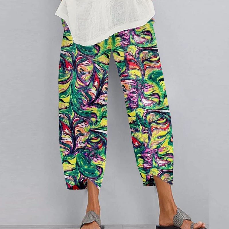 

2021 Autumn Women Pants Fashion Vintage Printed High Waist Elastic Waist Irregular Boho Long Pants Casual Loose Ladies Pants
