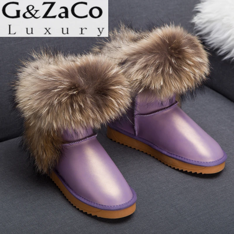 violet waterproof G& Zaco/Роскошные зимние сапоги из натуральной лисы; черные кожаные женские сапоги с натуральным мехом; водонепроницаемые зимние короткие сапоги из коровьей кожи - Цвет: violet waterproof