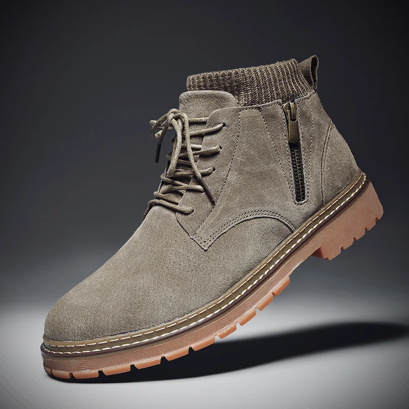 

Men's Martin Shoes Fashion Genuine Leather Splicing High-Top Shoes Classic Socks Mouth Slip-On Shoes British Trend Men Shoes