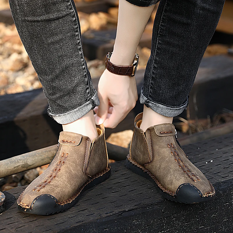 

Мужские кожаные повседневные ботинки в стиле ретро, лоферы средней длины на молнии, повседневная обувь, мужская обувь