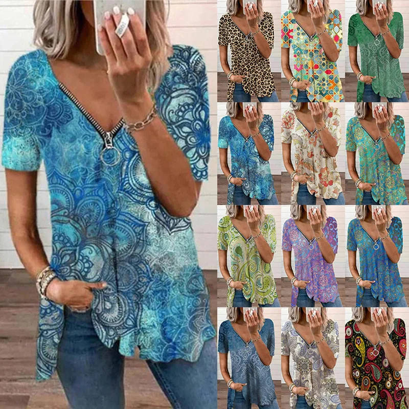 

Summer 2021 Sexy V-neck Zipper Short-sleeved Printed Women's T-shirt