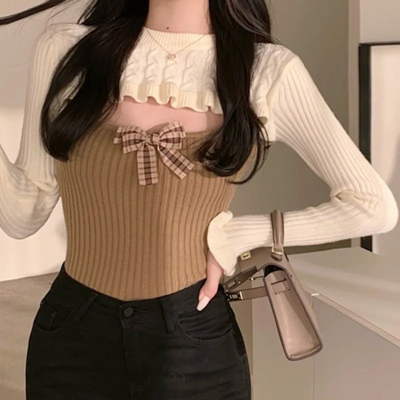 

Design Knit Sweater Women Leave Two Long Sleeve Knitwear Women's Winter 2021 Korean Short Bow Pullover Top