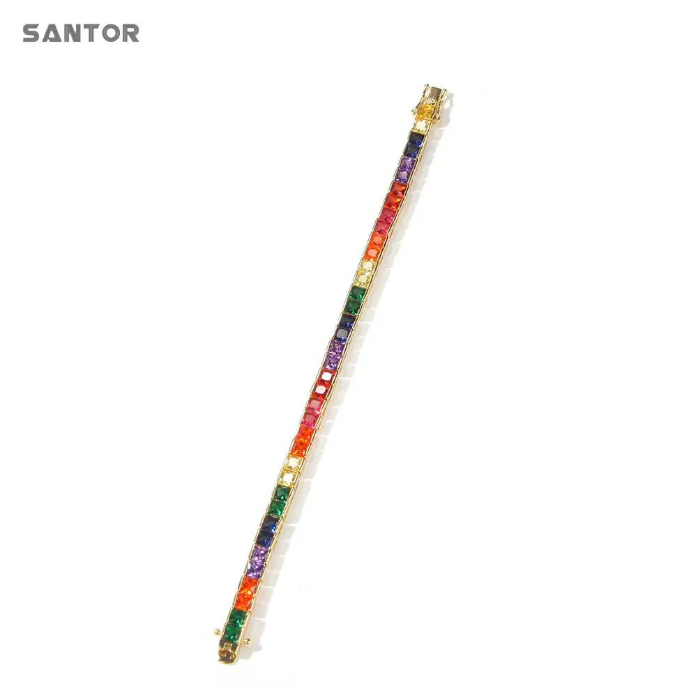 

Hip Hop Bracelet Inlaid Rainbow Color Banguette Square Zircon Bracelet Tennis Chain Men Women Hand Jewelry